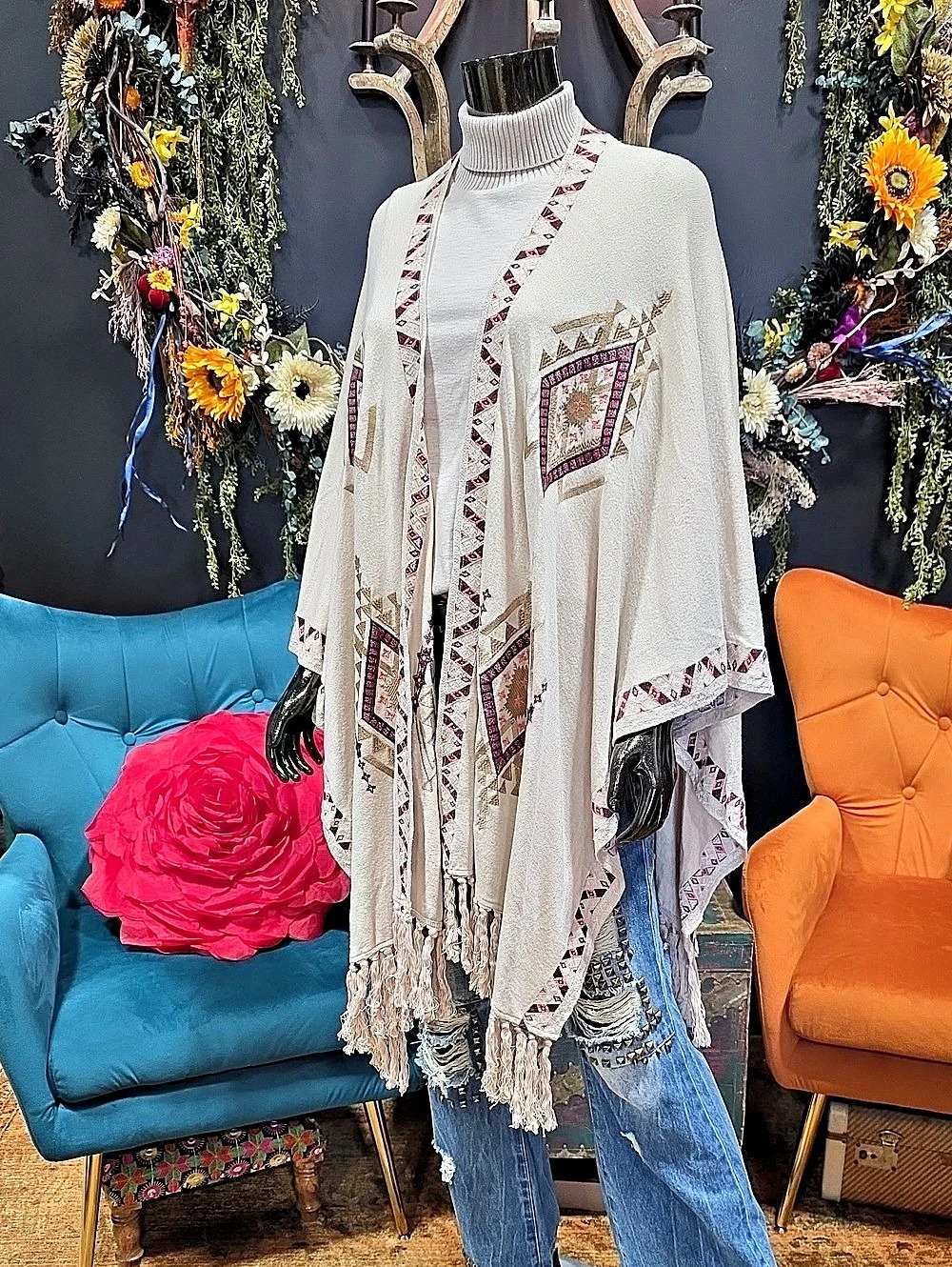 Andree by Unit Geometric/Aztec Embroidered & Fringe Poncho Shawl Wrap